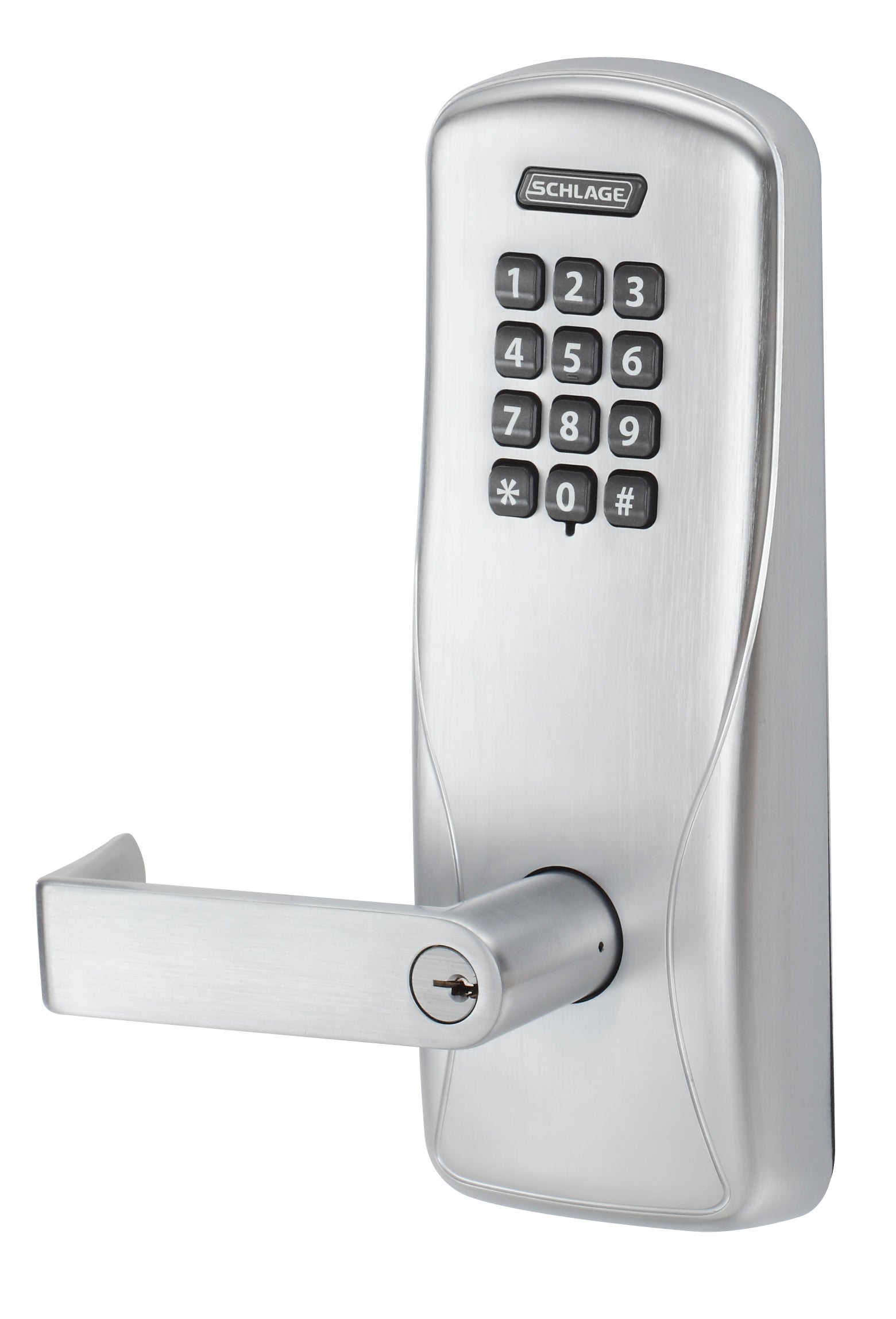 Schlage Electronic CO100MS70KPRHO626 Standalone Keypad Programmable Electronic Lock Mortise Classroom / Storeroom Keypad Rhodes Lever with C Keyway Satin Chrome Finish Main image