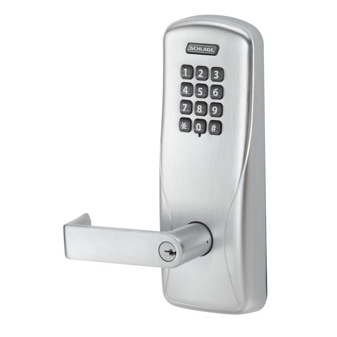 Schlage Electronic CO100MS70KPRHO626B Standalone Keypad Programmable Electronic Lock Mortise Classroom / Storeroom Keypad Rhodes Lever with Small Format Less Core Satin Chrome Finish Main image