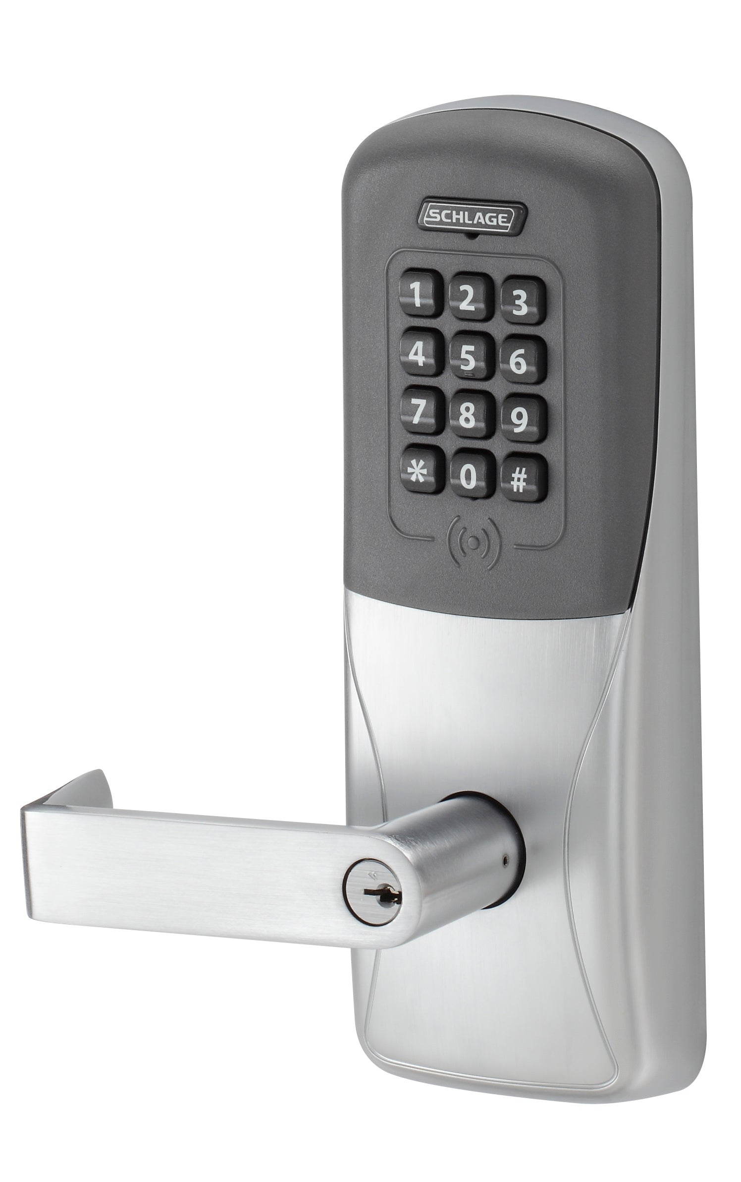 Schlage Electronic CO200CY70PRKRHO626 Standalone Electronic Lock with Rights on Lock Cylindrical Classroom / Storeroom Proximity and Keypad Rhodes Lever with 13247 Latch and 10025 Stike with C Keyway Satin Chrome Finish Main image