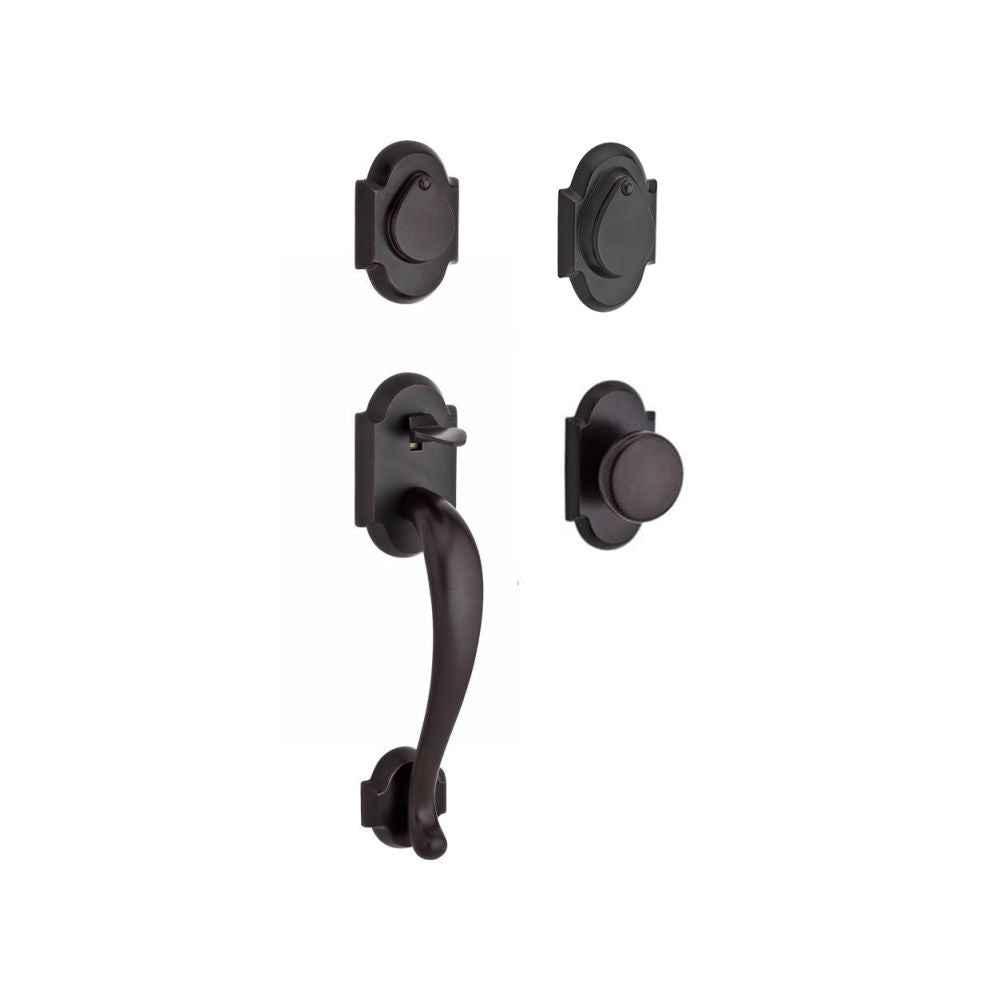 Baldwin Reserve DCADIXRUSRAR481 Double Cylinder Adirondack Handleset with Rustic Knob and Rustic Arch Rose with 6AL Latch and Dual Strike Dark Bronze Finish