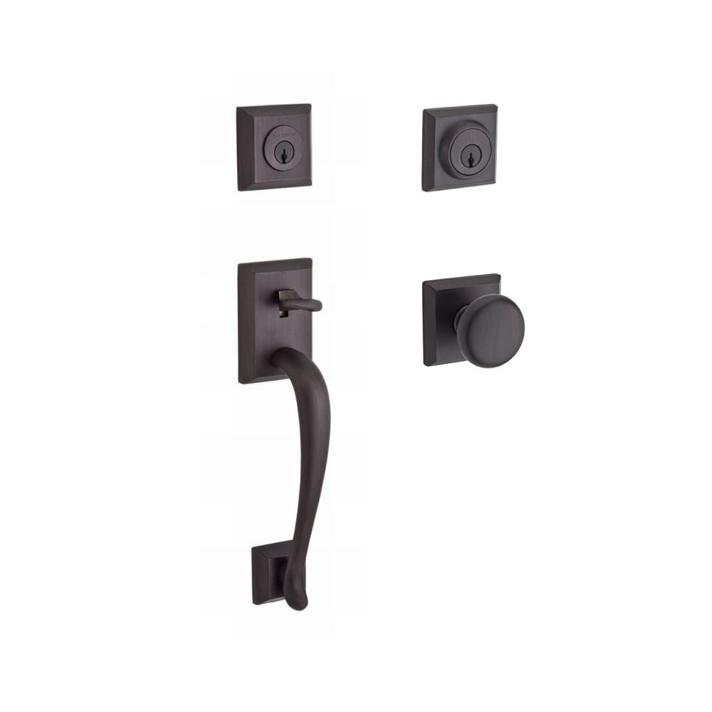 Baldwin Reserve DCNAPXROUTSR112 Double Cylinder Napa Handleset with Round Knob and Traditional Square Rose with 6AL Latch and Dual Strike Venetian Bronze Finish