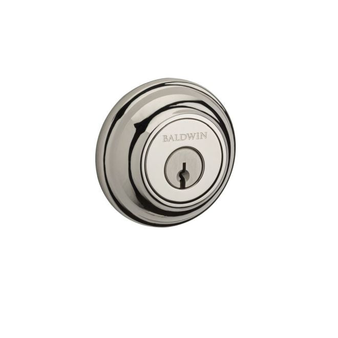 Baldwin Reserve DCTRD055 Double Cylinder Traditional Round Deadbolt with 6AL Latch and Dual Strike Lifetime Bright Nickel Finish