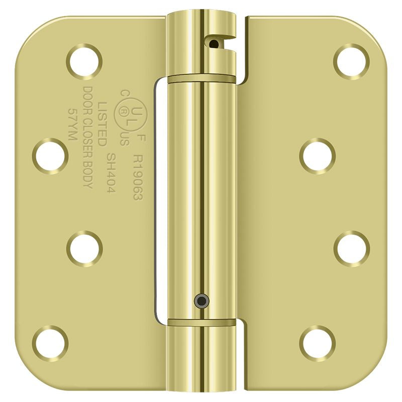Deltana DSH4R53 4" x 4" 5/8" Radius Spring Hinge; Bright Brass Finish Main image