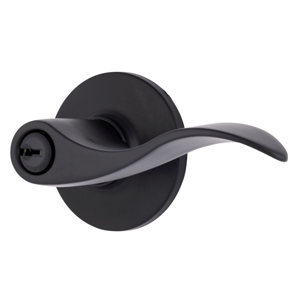 Brinks E2418122 Raleigh Series Keyed Entry Transitional Wave Lever and Round Rose with 4 Way Adjustable Latch and Round Corner Full Lip Strike Matte Black Finish