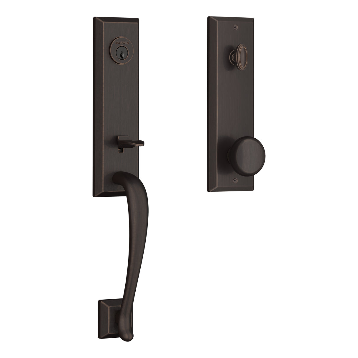 Baldwin Reserve EEDELXROUSBE112 Emergency Egress Del Mar Handleset with Round Knob and Square Bevel Escutcheon with 6AL Latch and Dual Strike Venetian Bronze Finish
