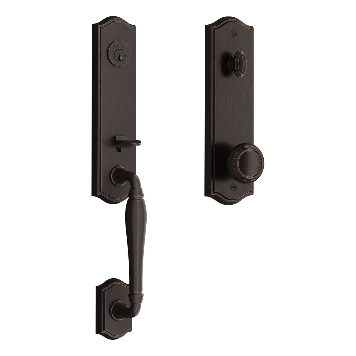 Baldwin Reserve EENEWXTRATAE112 Emergency Egress New Hampshire Handleset with Traditional Knob and Traditional Arched Escutcheon with 6AL Latch and Dual Strike Venetian Bronze Finish