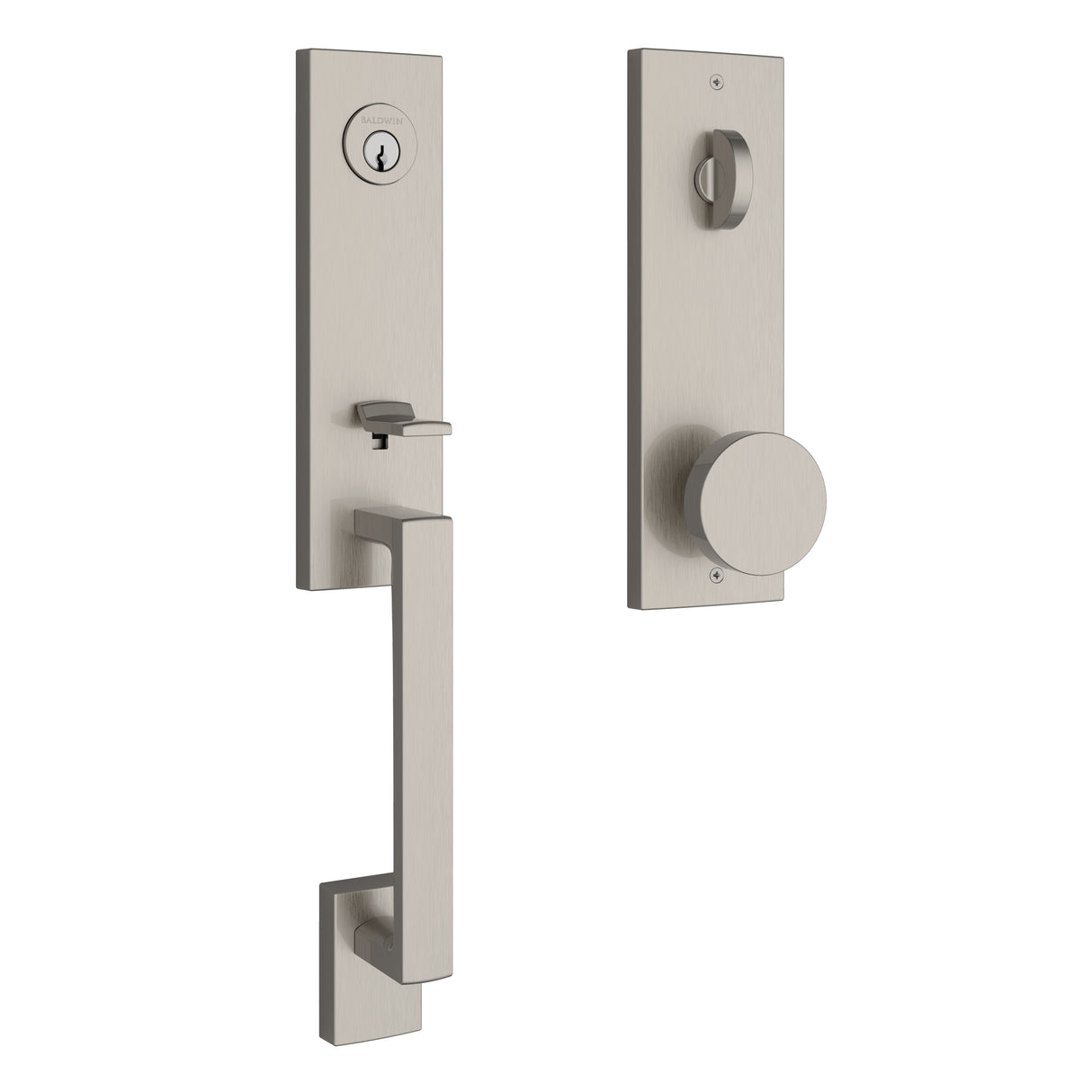 Baldwin Reserve EESEAXCONCQE150 Emergency Egress Seattle Handleset with Contemporary Knob and Contemporary Square Escutcheon with 6AL Latch and Dual Strike Satin Nickel Finish