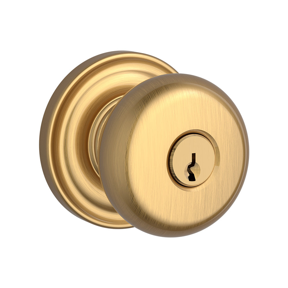 Baldwin Reserve ENROUTRR044 Entry Round Knob and Traditional Round Rose with 6AL Latch and Dual Strike Lifetime Satin Brass Finish