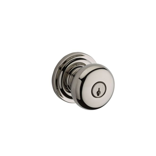 Baldwin Reserve ENROUTRR055 Entry Round Knob and Traditional Round Rose with 6AL Latch and Dual Strike Lifetime Bright Nickel Finish