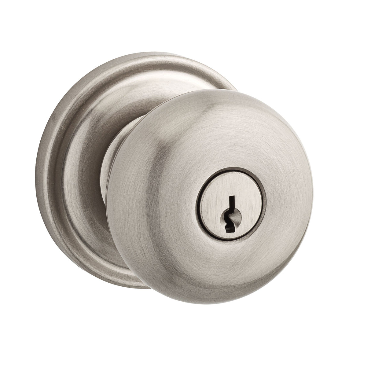 Baldwin Reserve ENROUTRR150 Entry Round Knob and Traditional Round Rose with 6AL Latch and Dual Strike Satin Nickel Finish