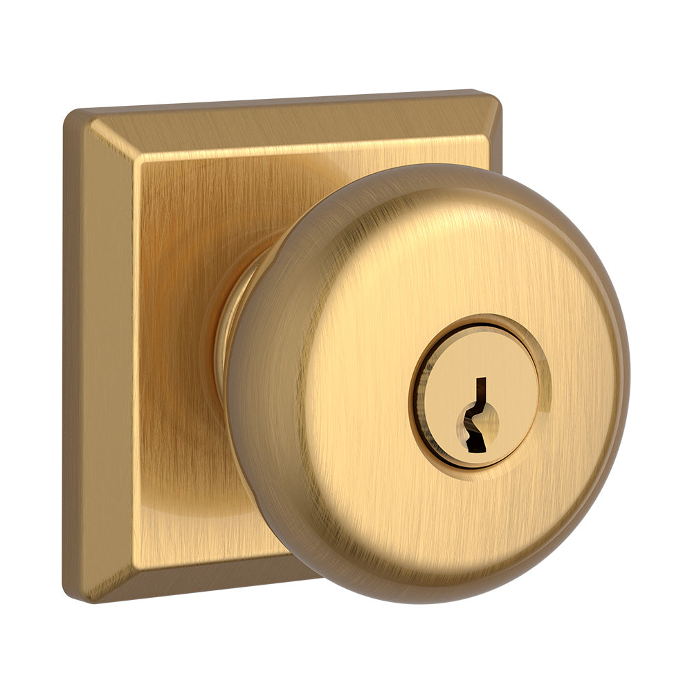 Baldwin Reserve ENROUTSR044 Entry Round Knob and Traditional Square Rose with 6AL Latch and Dual Strike Lifetime Satin Brass Finish