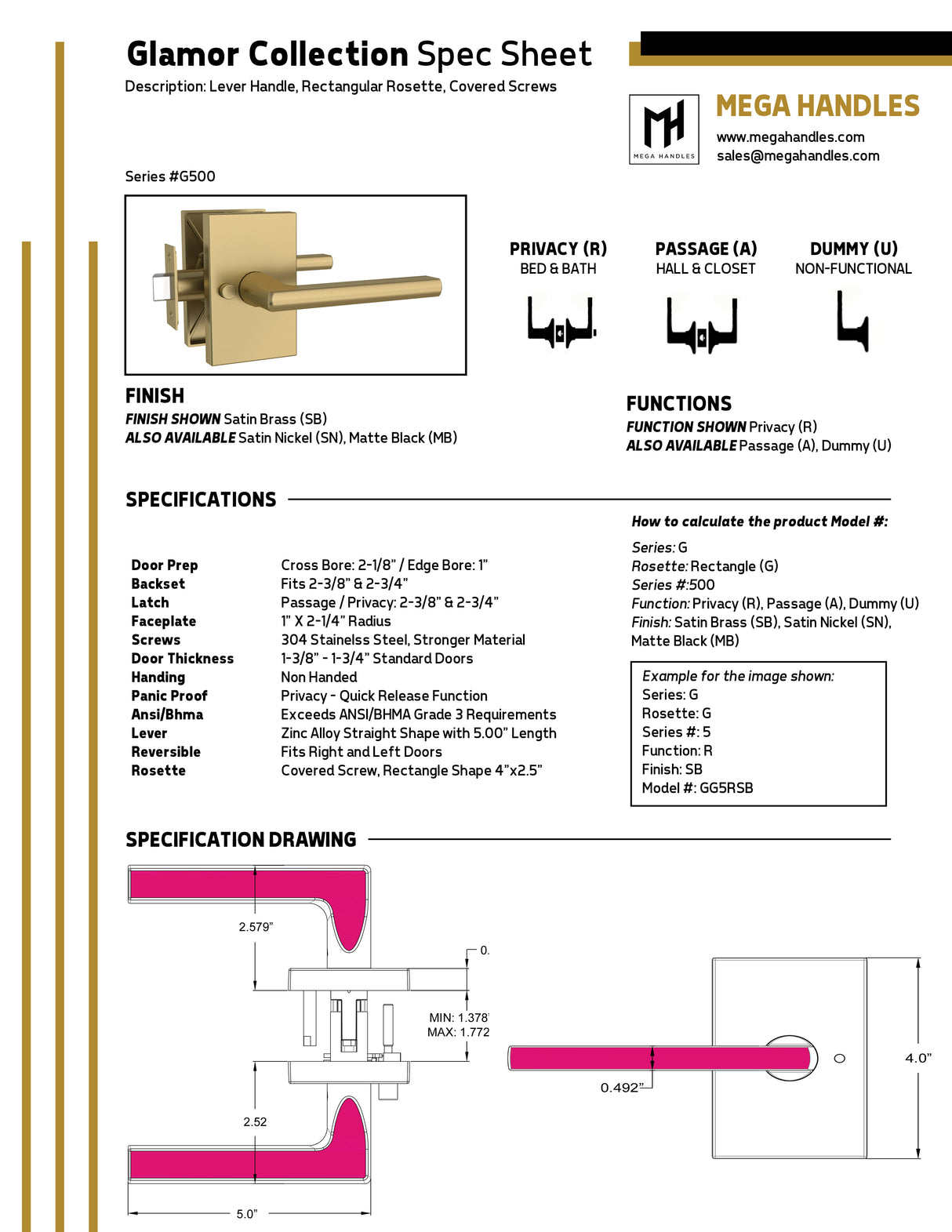 MEGA HANDLES Glamor Door Lever Handle Passage/Privacy/Entry/Dummy