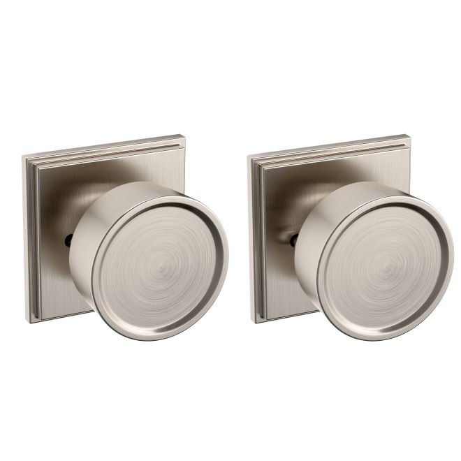 Baldwin K008056PRIV Preconfigured K008 Hollywood Hills Knob with R050 Rose Privacy Lock with 2-3/8" Backset and Full Lip Strike Lifetime Satin Nickel Finish - Baldwin Quickship Item *