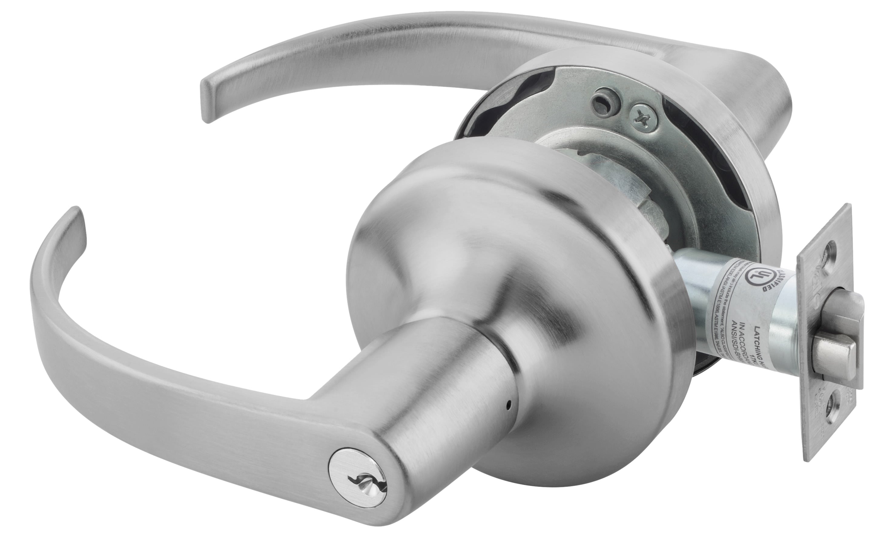ASSA Abloy Accentra PB4708LN626SCHC Classroom Pacific Beach Lever Grade 2 Cylindrical Lock with Schlage C Keyway, 694 Latch, and 497-114 Strike US26D (626) Satin Chrome Finish Main image