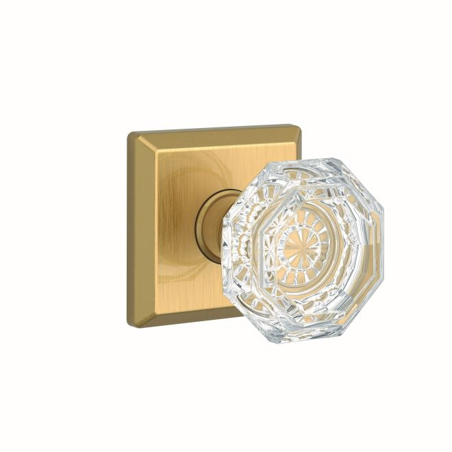 Baldwin Reserve PSCRYTSR044 Passage Crystal Knob with Traditional Square Rose with 6AL Latch and Dual Strike Lifetime Satin Brass Finish