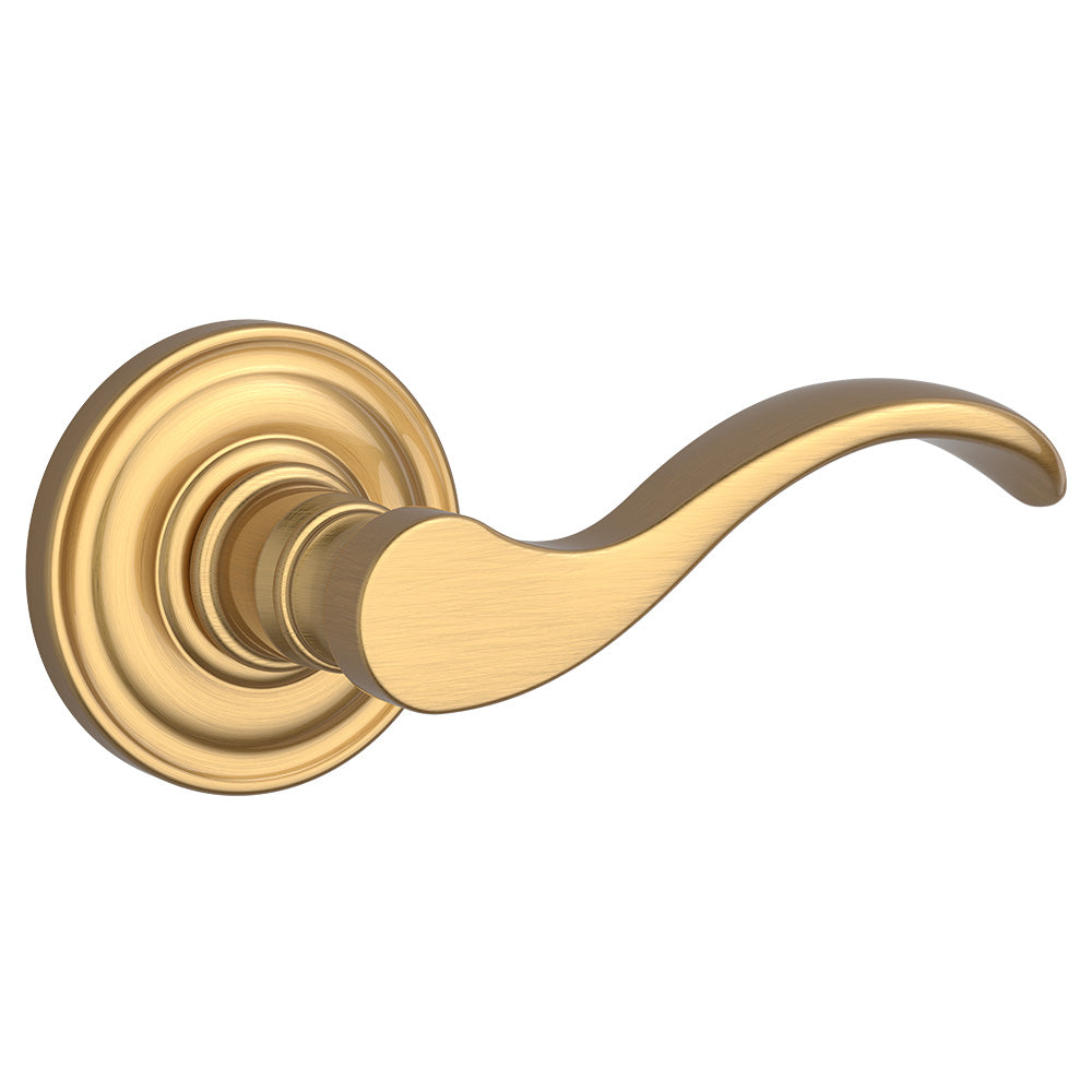 Baldwin Reserve PSCURTRR044 Passage Curve Lever and Traditional Round Rose with 6AL Latch and Dual Strike Lifetime Satin Brass Finish