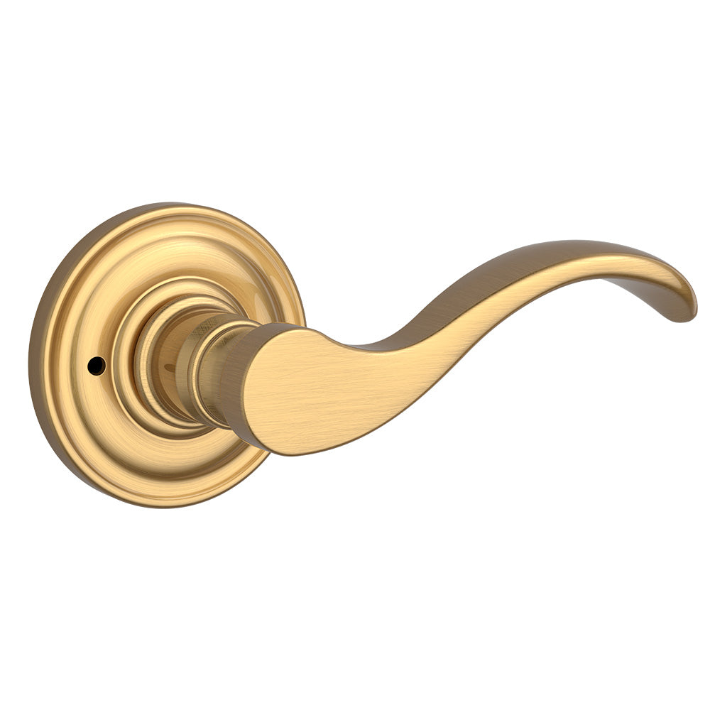 Baldwin Reserve PVCURTRR044 Privacy Curve Lever and Traditional Round Rose with 6AL Latch and Dual Strike Lifetime Satin Brass Finish Main image
