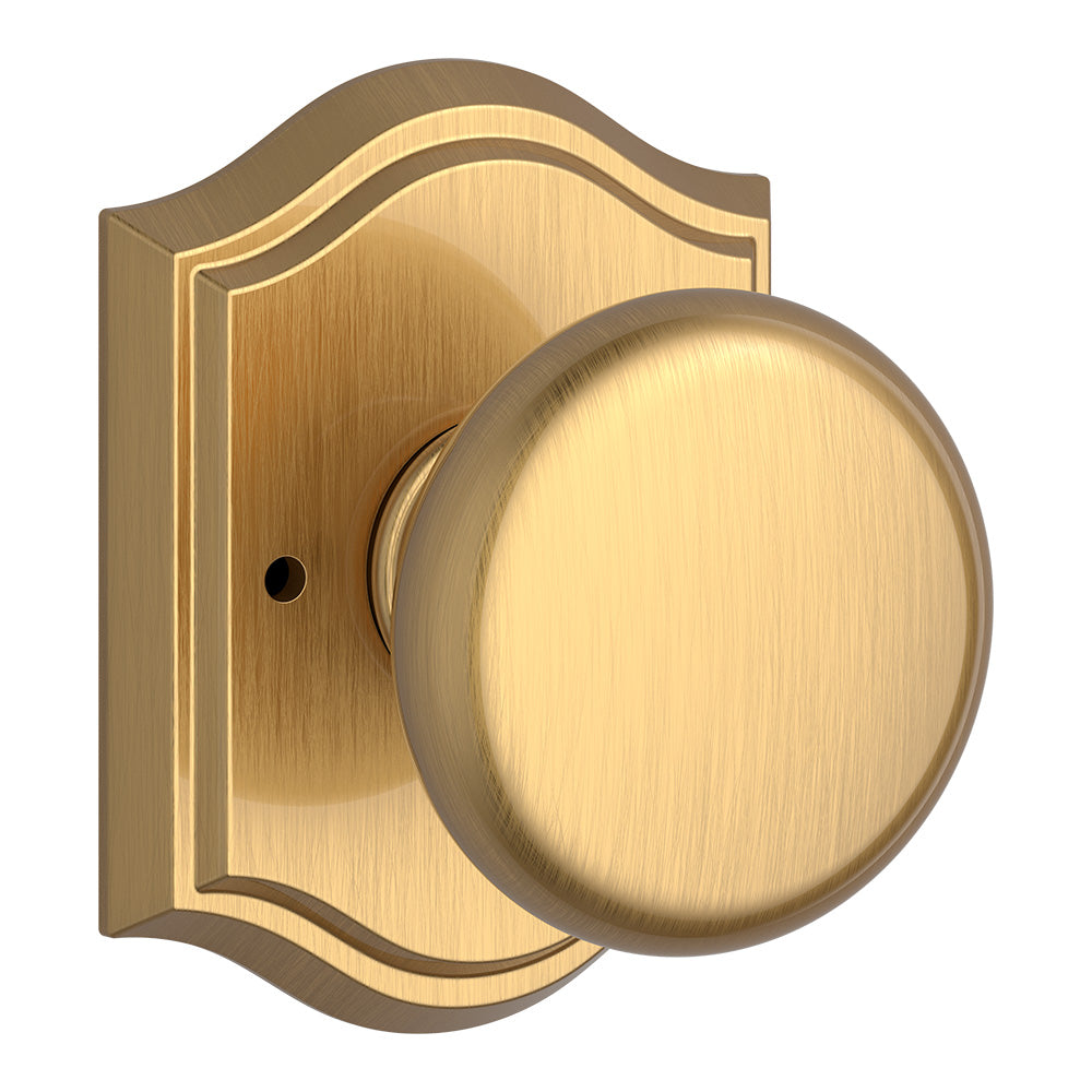 Baldwin Reserve PVROUTAR044 Privacy Round Knob and Traditional Arch Rose with 6AL Latch and Dual Strike Lifetime Satin Brass Finish