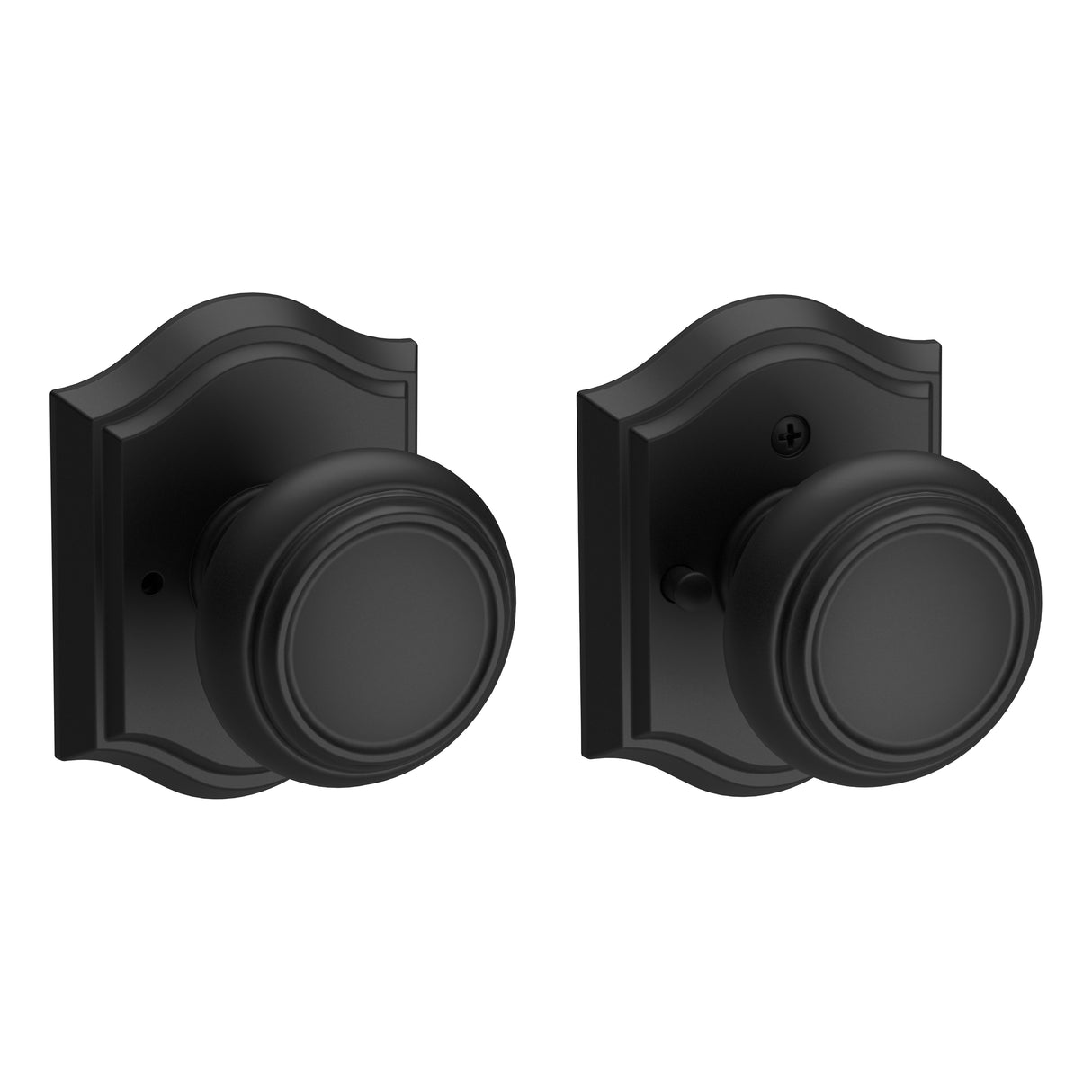 Baldwin Reserve PVTRATAR190 Privacy Traditional Knob and Traditional Arch Rose with 6AL Latch and Dual Strike Satin Black Finish