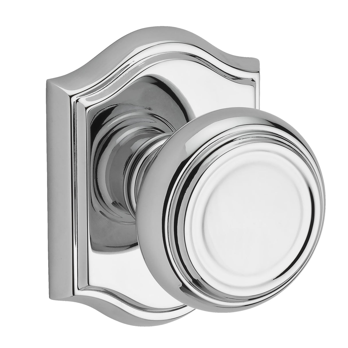 Baldwin Reserve PVTRATAR260 Privacy Traditional Knob and Traditional Arch Rose with 6AL Latch and Dual Strike Bright Chrome Finish