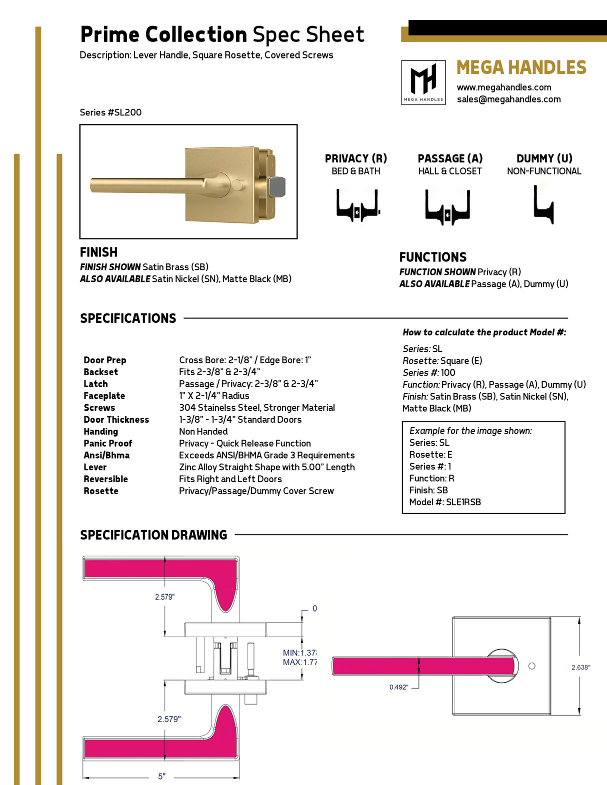 MEGA HANDLES Prime Door Lever Handle Passage/Privacy/Entry/Dummy