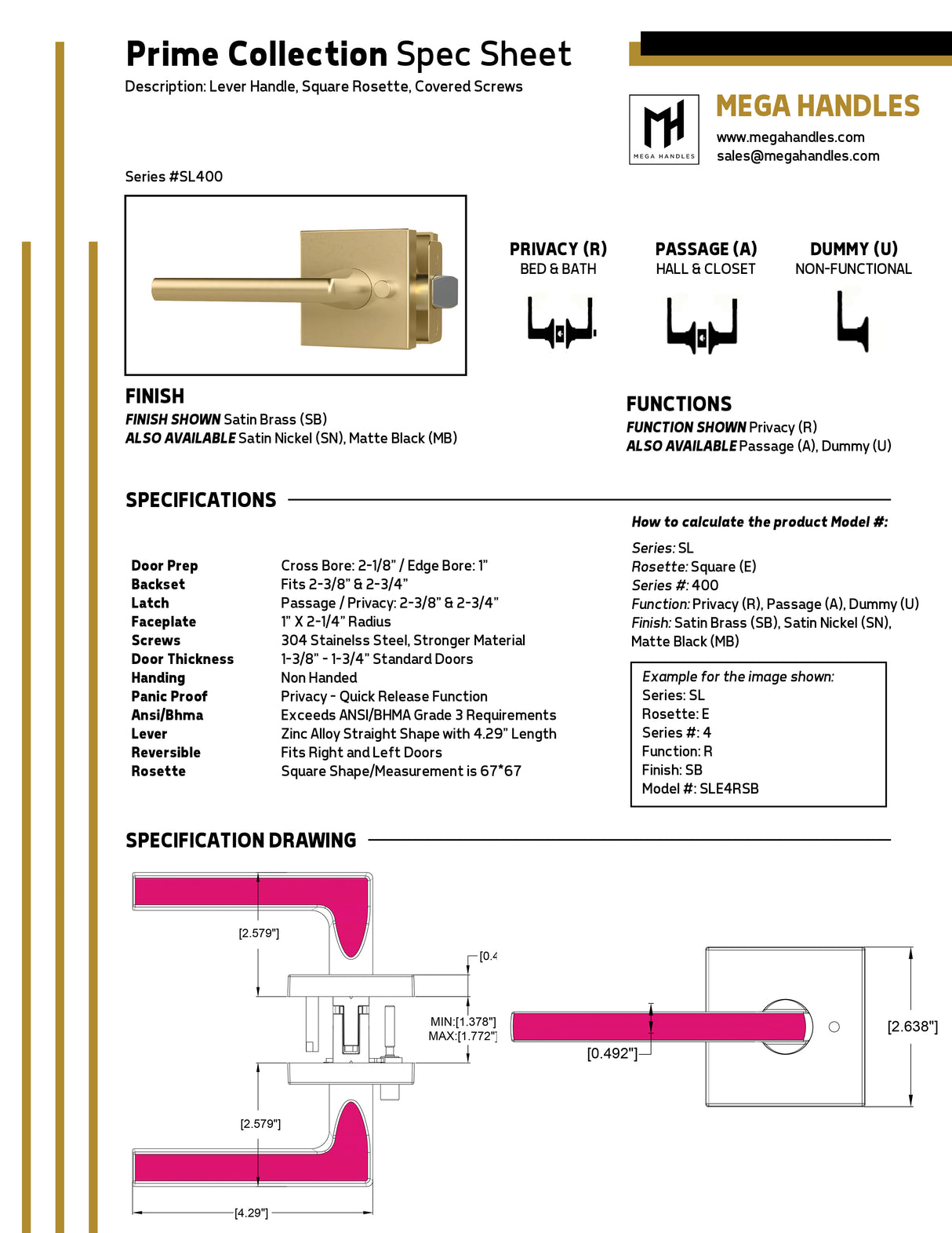 MEGA HANDLES Prime Door Lever Handle Passage/Privacy/Entry/Dummy