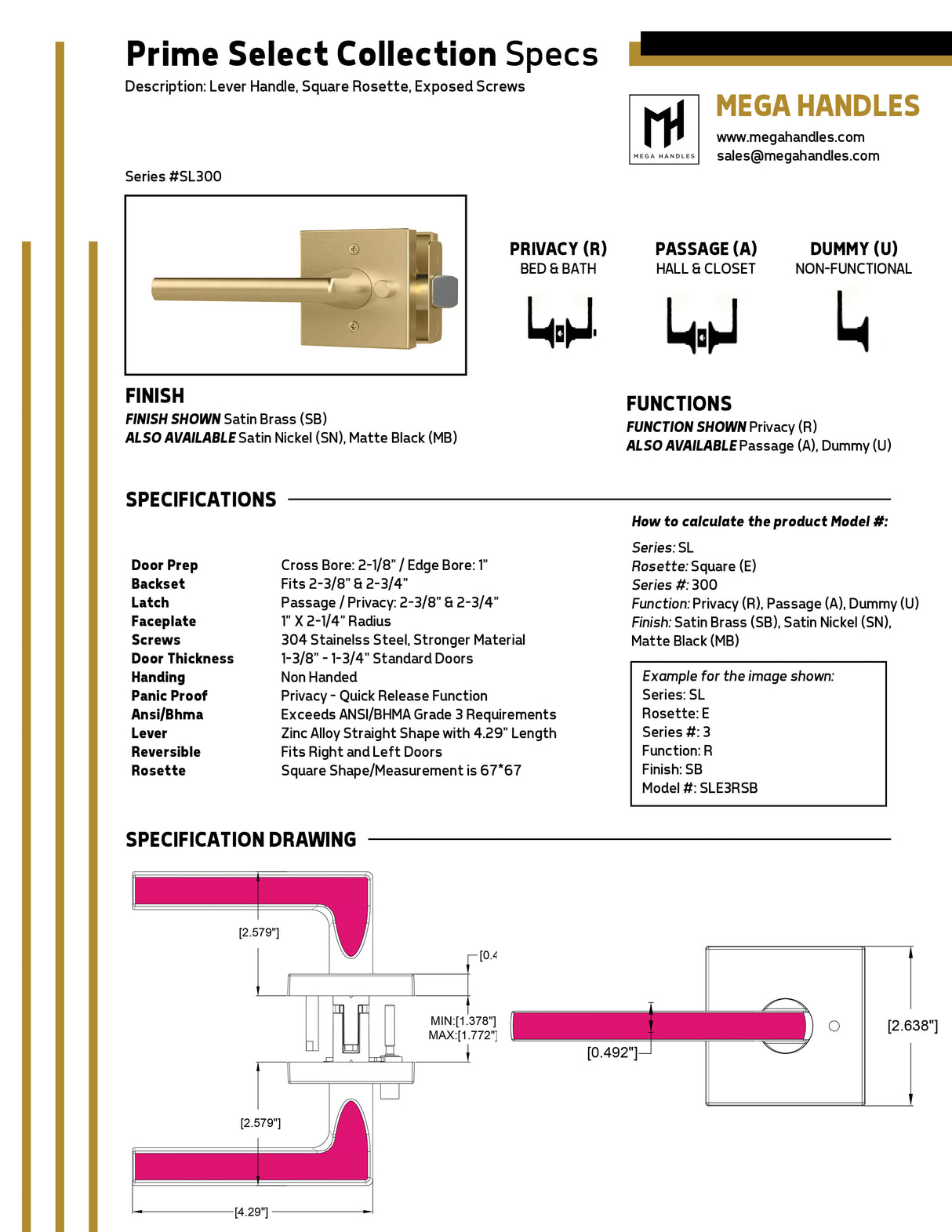 MEGA HANDLES Prime Select Door Lever Handle Passage/Privacy/Entry/Dummy