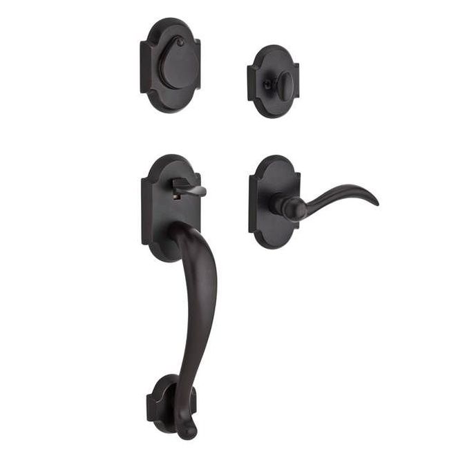 Baldwin Reserve SCADIXARCLRAR481 Single Cylinder Adirondack Handleset Left Hand Arch Lever and Rustic Arch Rose with 6AL Latch and Dual Strike Dark Bronze Finish