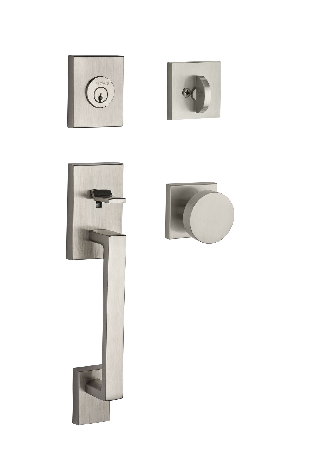 Baldwin Reserve SCLAJXCONCSR150 Single Cylinder La Jolla Handleset Contemporary Knob Contemporary Square Rose with 6AL Latch and Dual Strike Satin Nickel Finish