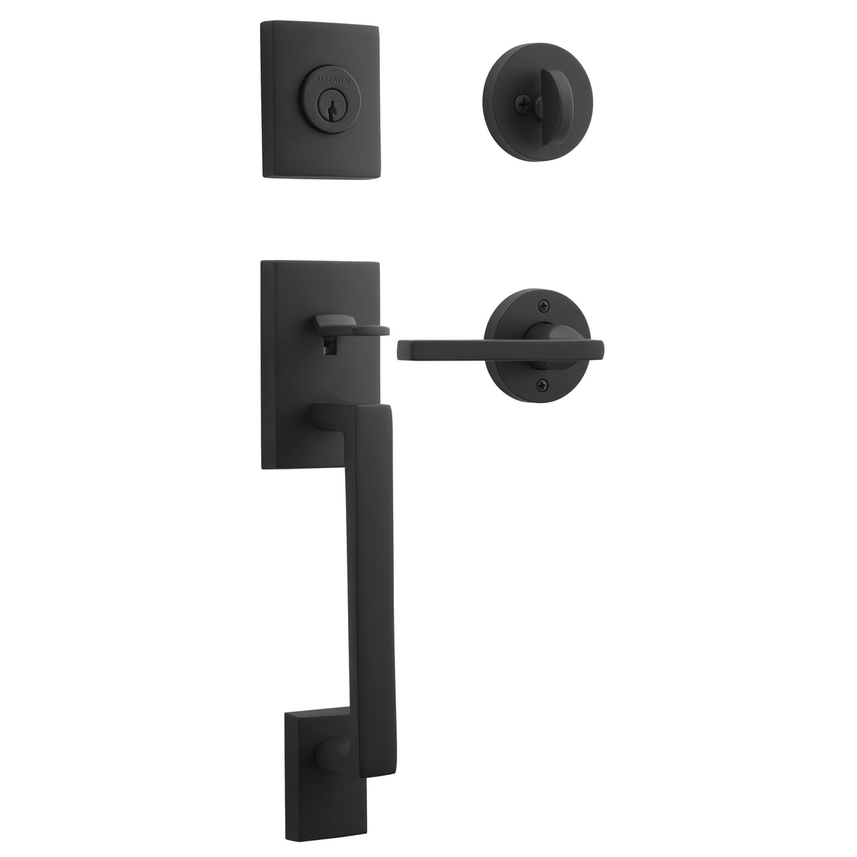 Baldwin Reserve SCLAJXSQUCRR190 Single Cylinder La Jolla Handleset Square Lever Contemporary Round Rose with 6AL Latch and Dual Strike Satin Black Finish