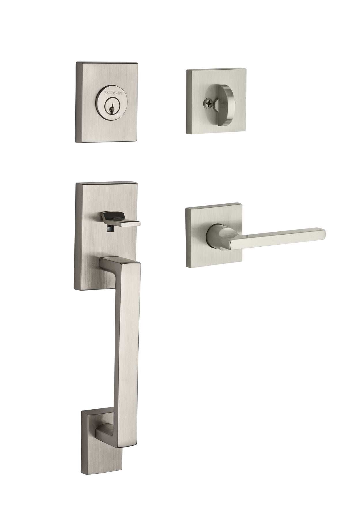 Baldwin Reserve SCLAJXSQUCSR150 Single Cylinder La Jolla Handleset Square Lever Contemporary Square Rose with 6AL Latch and Dual Strike Satin Nickel Finish