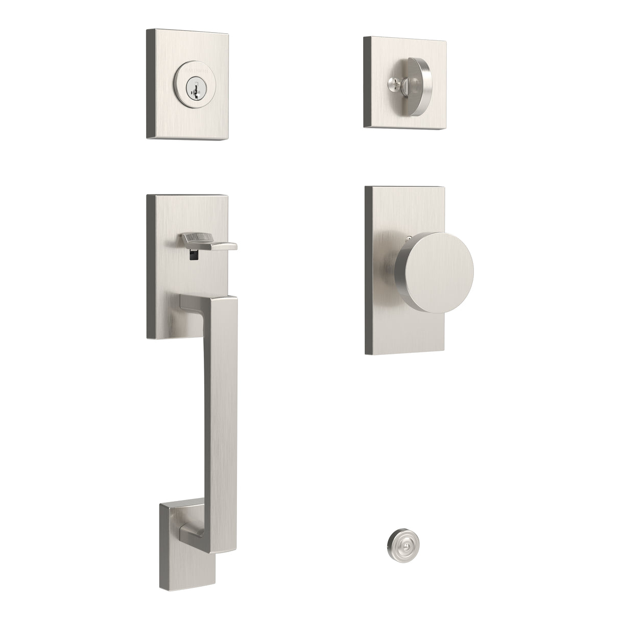 Baldwin Reserve SCLAJXCONCFR150 Single Cylinder La Jolla Handleset Contemporary Knob Contemporary 5" Rose with 6AL Latch and Dual Strike Satin Nickel Finish