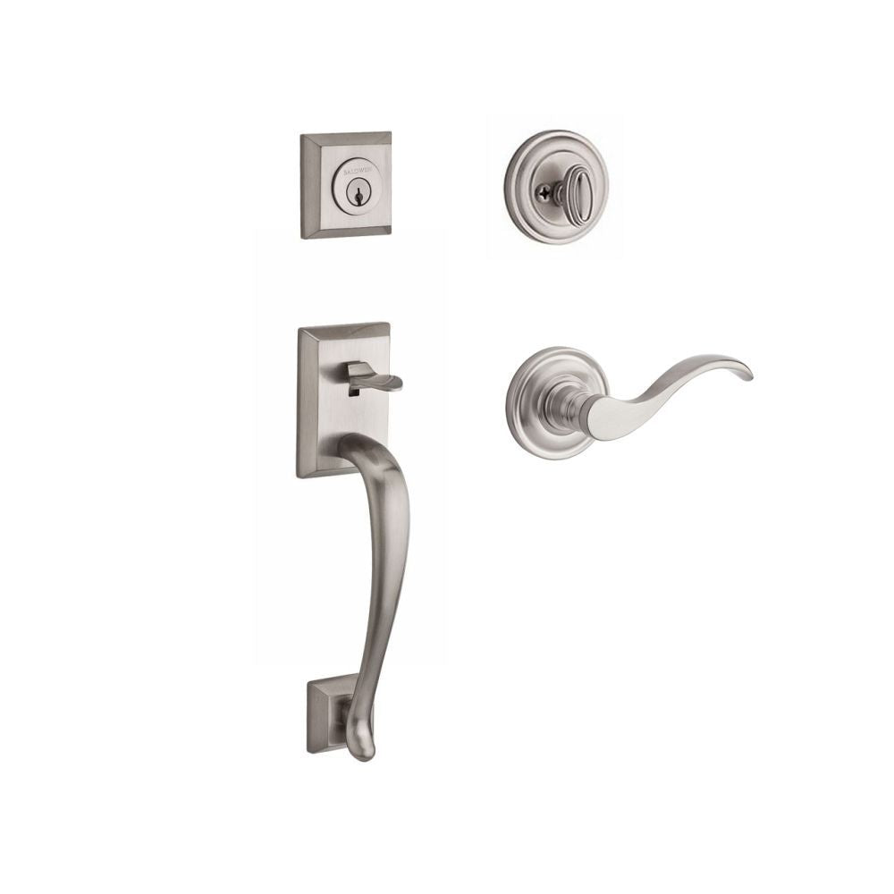 Baldwin Reserve SCNAPXCURRTRR150 Single Cylinder Napa Handleset Right Hand Curve Lever and Traditional Round Rose with 6AL Latch and Dual Strike Satin Nickel Finish