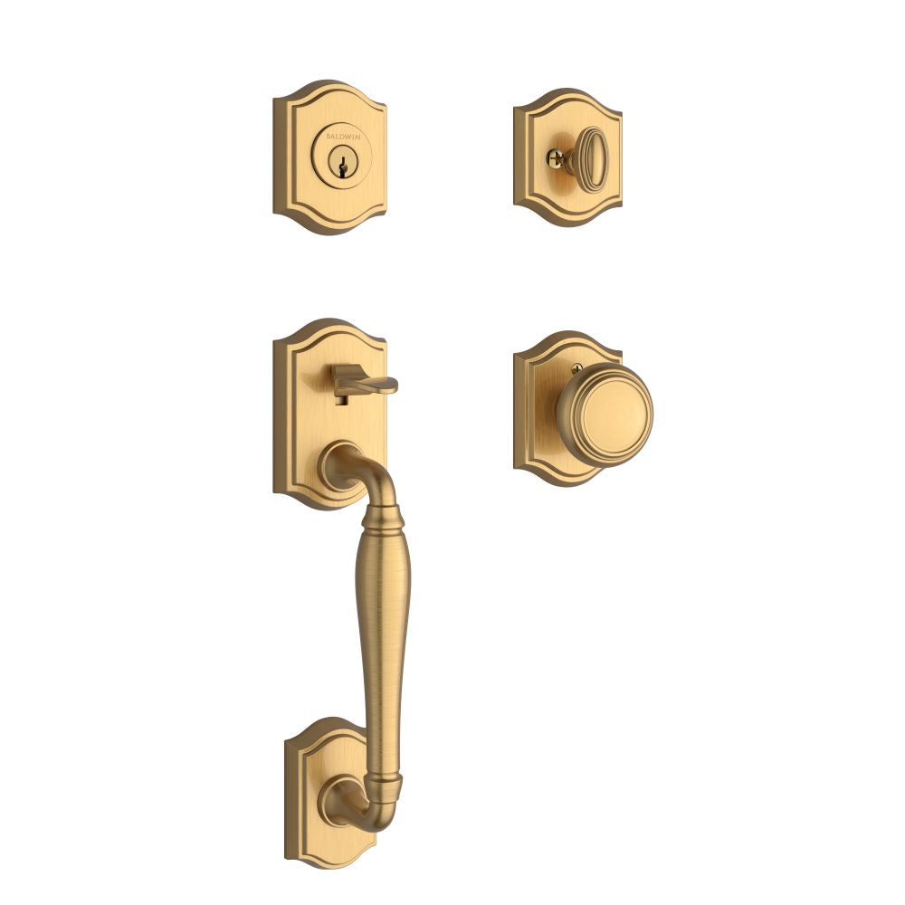Baldwin Reserve SCWESXTRATAR044 Single Cylinder Westcliff Handleset Traditional Knob and Traditional Arch Rose with 6AL Latch and Dual Strike Lifetime Satin Brass Finish