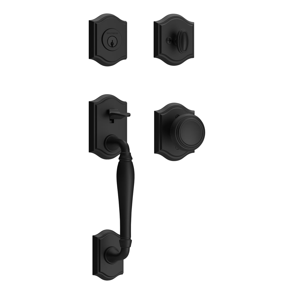 Baldwin Reserve SCWESXTRATAR190 Single Cylinder Westcliff Handleset Traditional Knob and Traditional Arch Rose with 6AL Latch and Dual Strike Satin Black Finish
