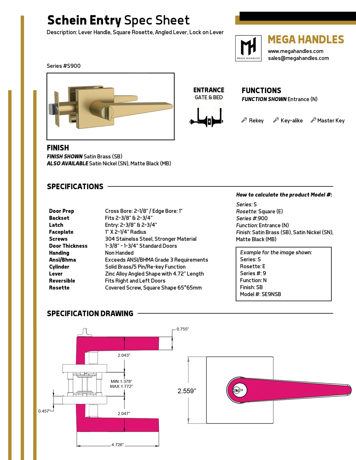 MEGA HANDLES Schein Door Lever Handle Passage/Privacy/Entry/Dummy