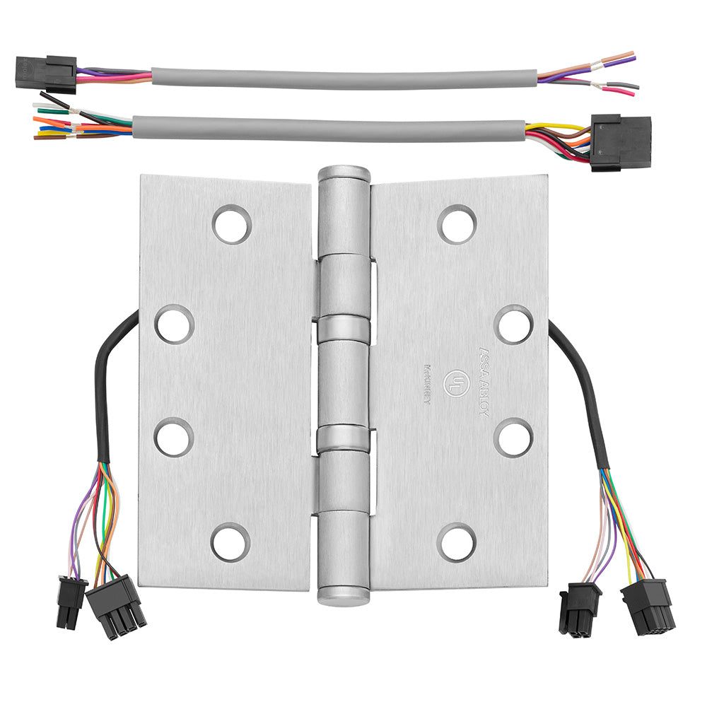 McKinney TA271441226DQC12 4-1/2" x 4-1/2" Square Corner Standard Weight 5 Knuckle Ball Bearing 12 Wire Electric Hinge Satin Chrome Finish Main image